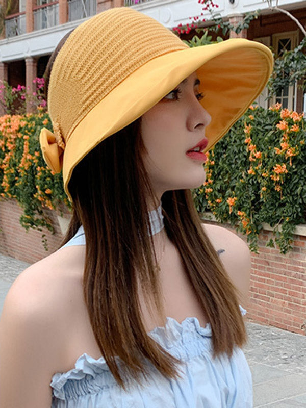 Stylish Solid Color Split-Joint Bow-Embellished Sun-Protection Large Wide Brim Knitted Hat