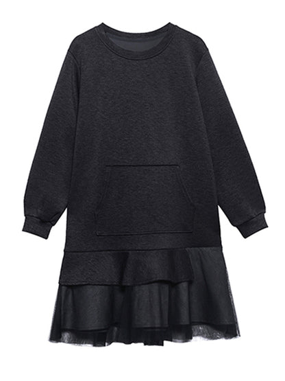 Black&Gray Long Sleeve Sweatshirt Splicing Ruffle Dress