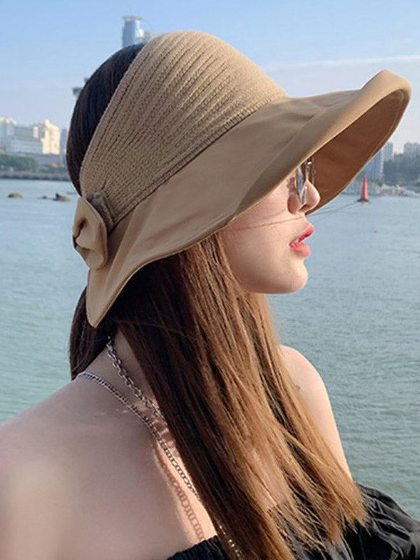 Stylish Solid Color Split-Joint Bow-Embellished Sun-Protection Large Wide Brim Knitted Hat