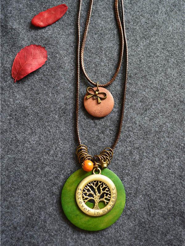 Wood Two-Pieces Tree&Bowknot Pendant Necklace